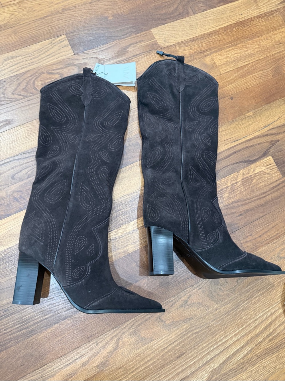 Zara Dark Brown Suede Knee Boots with Block Heel